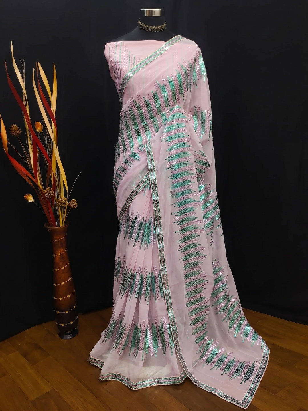 Pink Sequins Embroidered Georgette Saree - Image 5