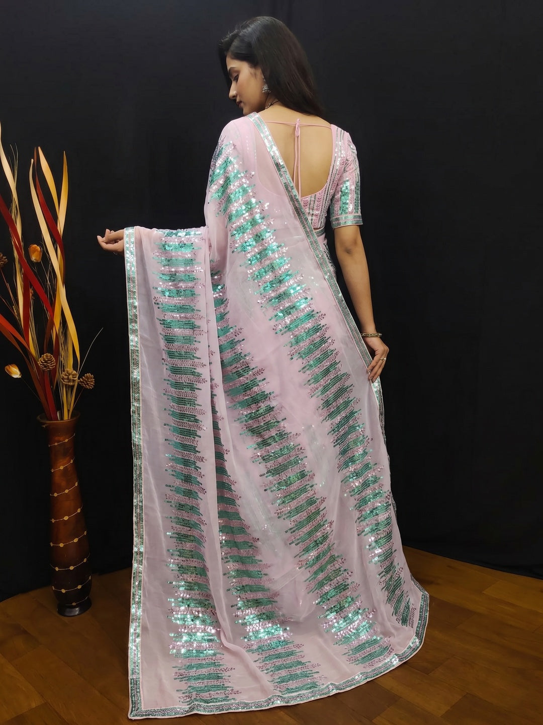 Pink Sequins Embroidered Georgette Saree - Image 4