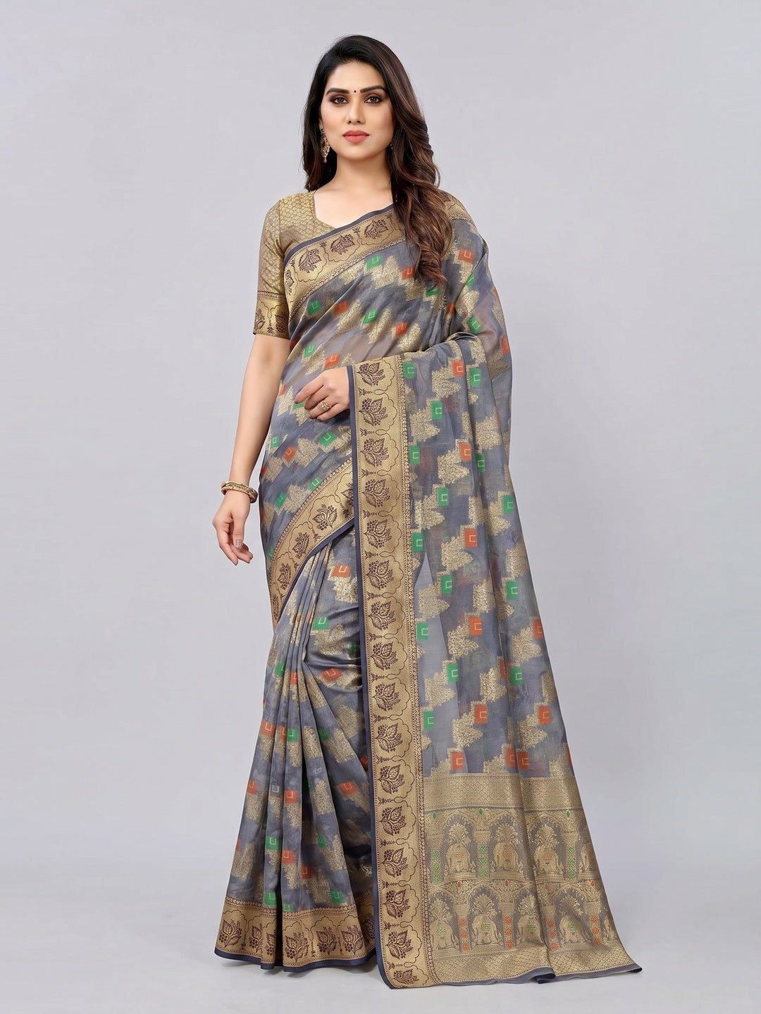 Grey Woven Organza Saree - Image 1