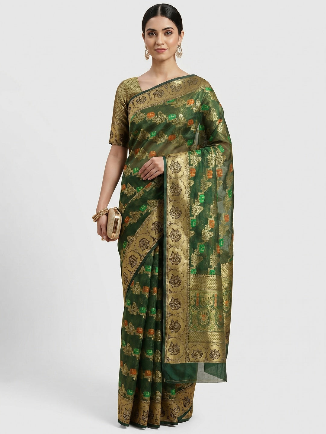 Dark Green Woven Organza Saree - Image 1