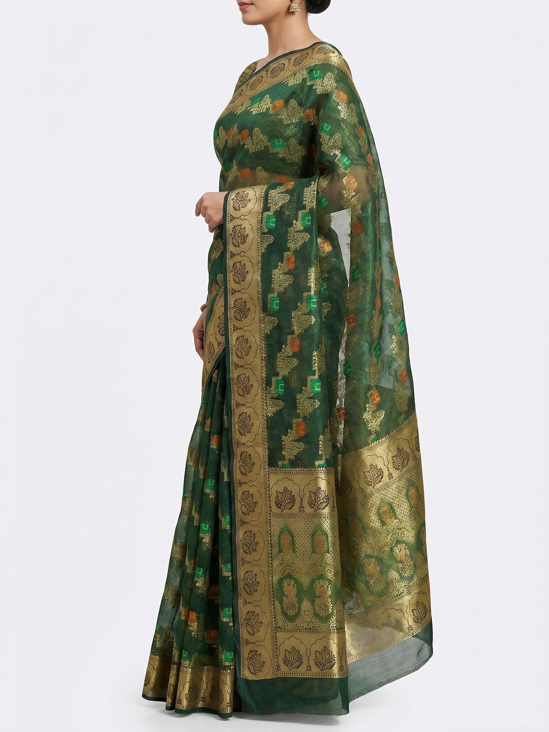 Dark Green Woven Organza Saree - Image 2
