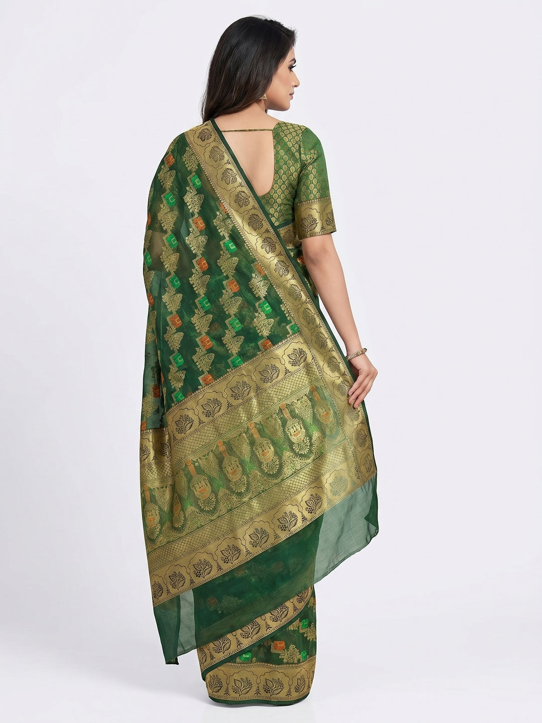 Dark Green Woven Organza Saree - Image 3