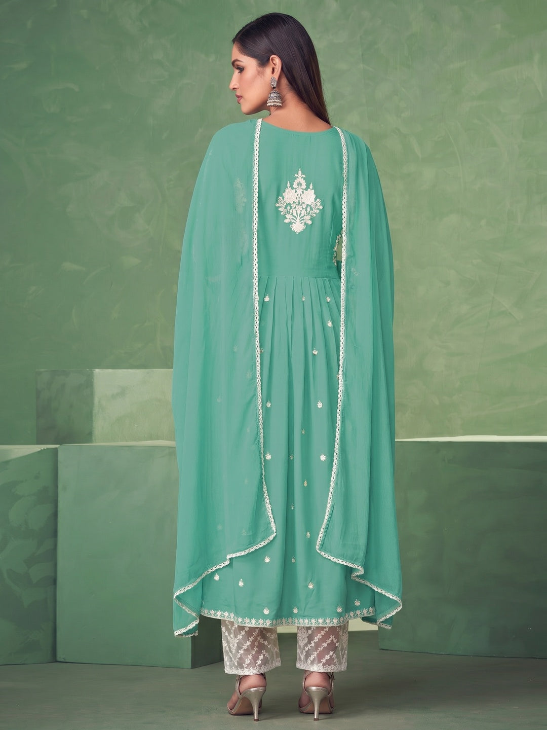 Turquoise Lucknowi Work Rayon Naira Cut Palazzo Suit - Image 1
