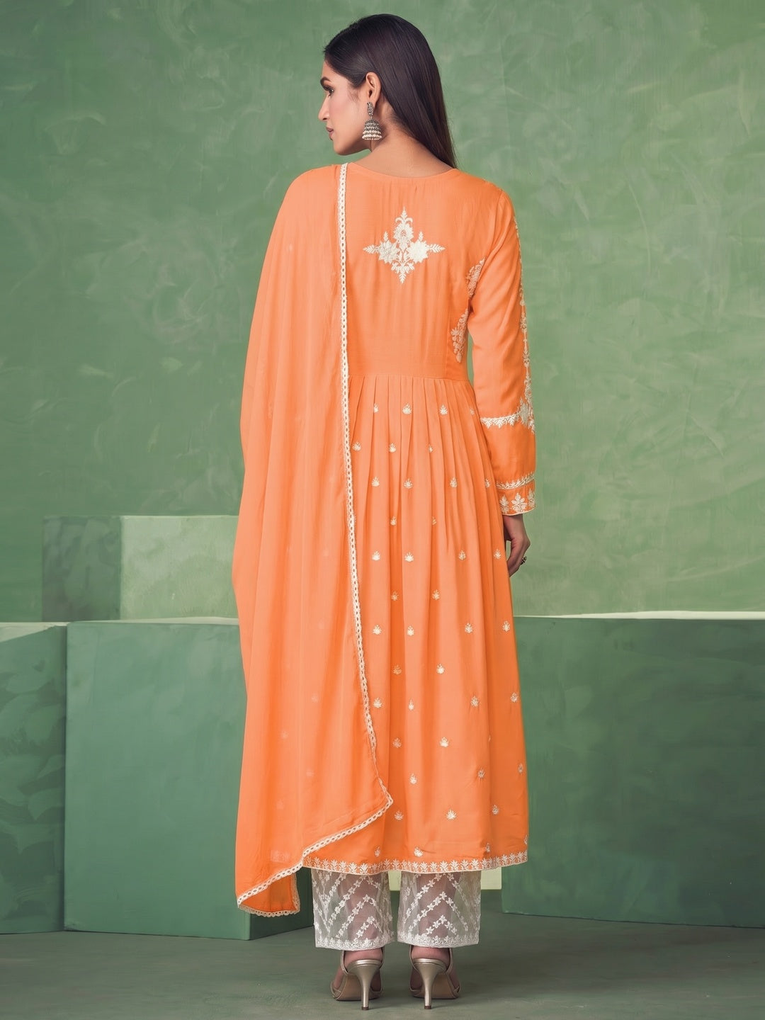 Orange Lucknowi Work Rayon Naira Cut Palazzo Suit - Image 1