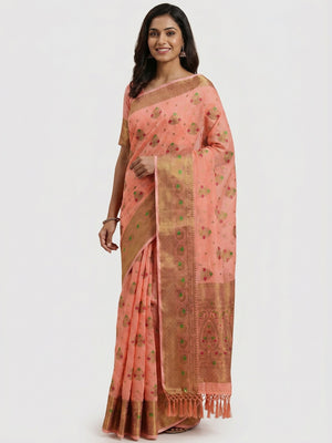 Peach Woven Cotton Blend Saree With Tassels - Image 1