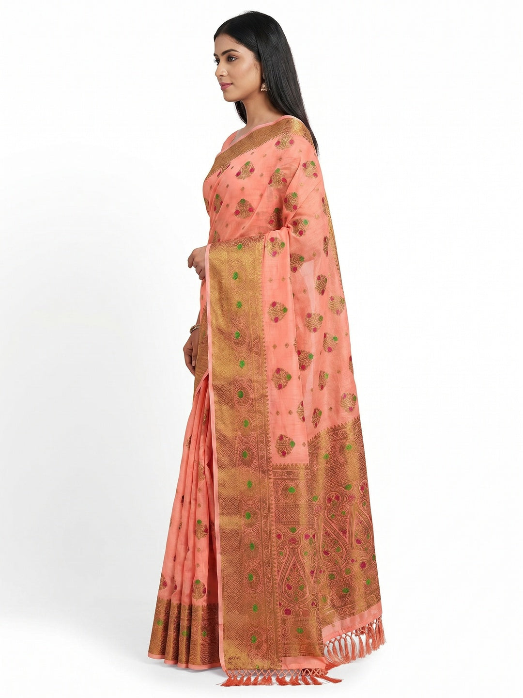 Peach Woven Cotton Blend Saree With Tassels - Image 3