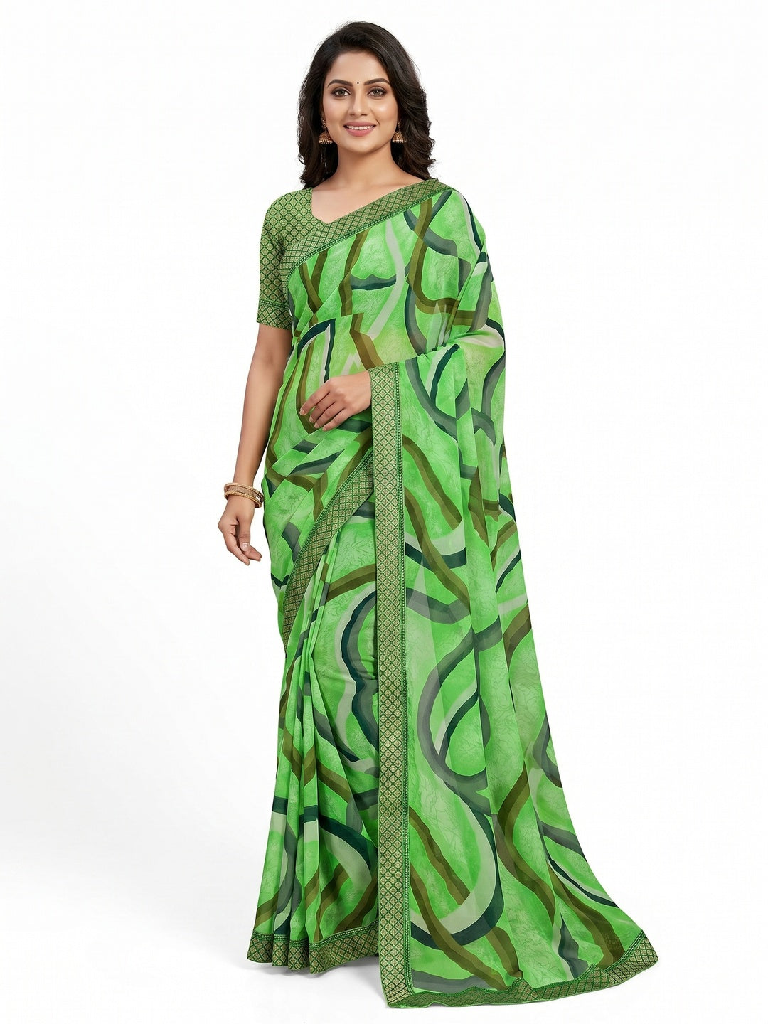 Green Printed Georgette Saree - Image 1