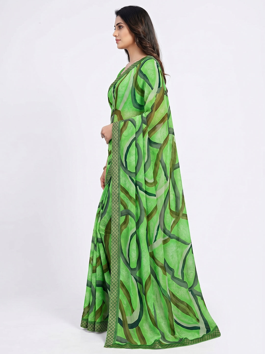 Green Printed Georgette Saree - Image 2