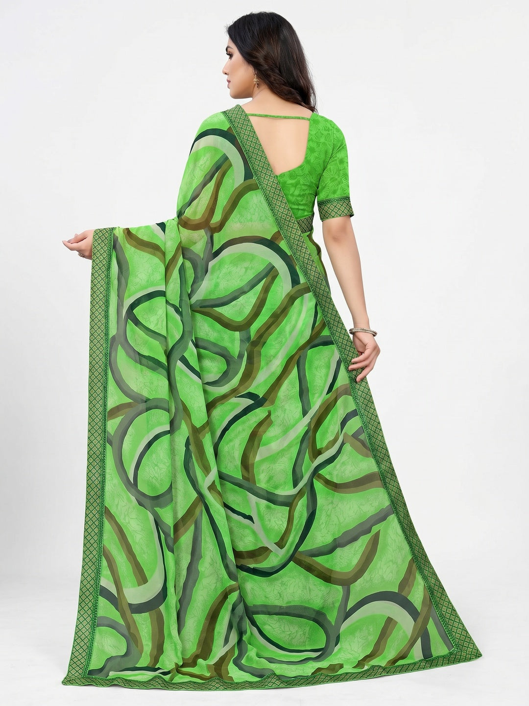 Green Printed Georgette Saree - Image 3