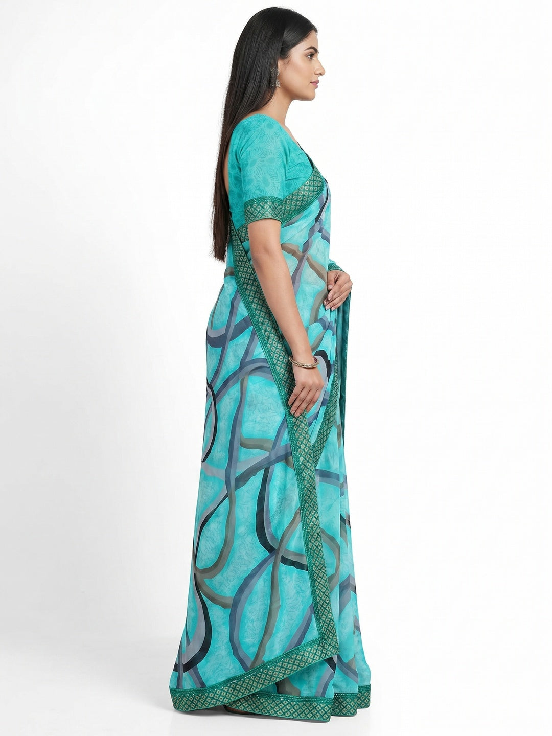 Sky Blue Printed Georgette Saree - Image 3