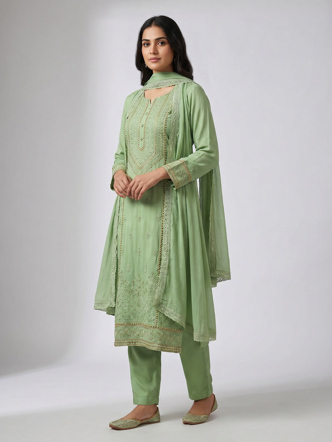 Green Lucknowi Embroidered Rayon Palazzo Suit - Image 4