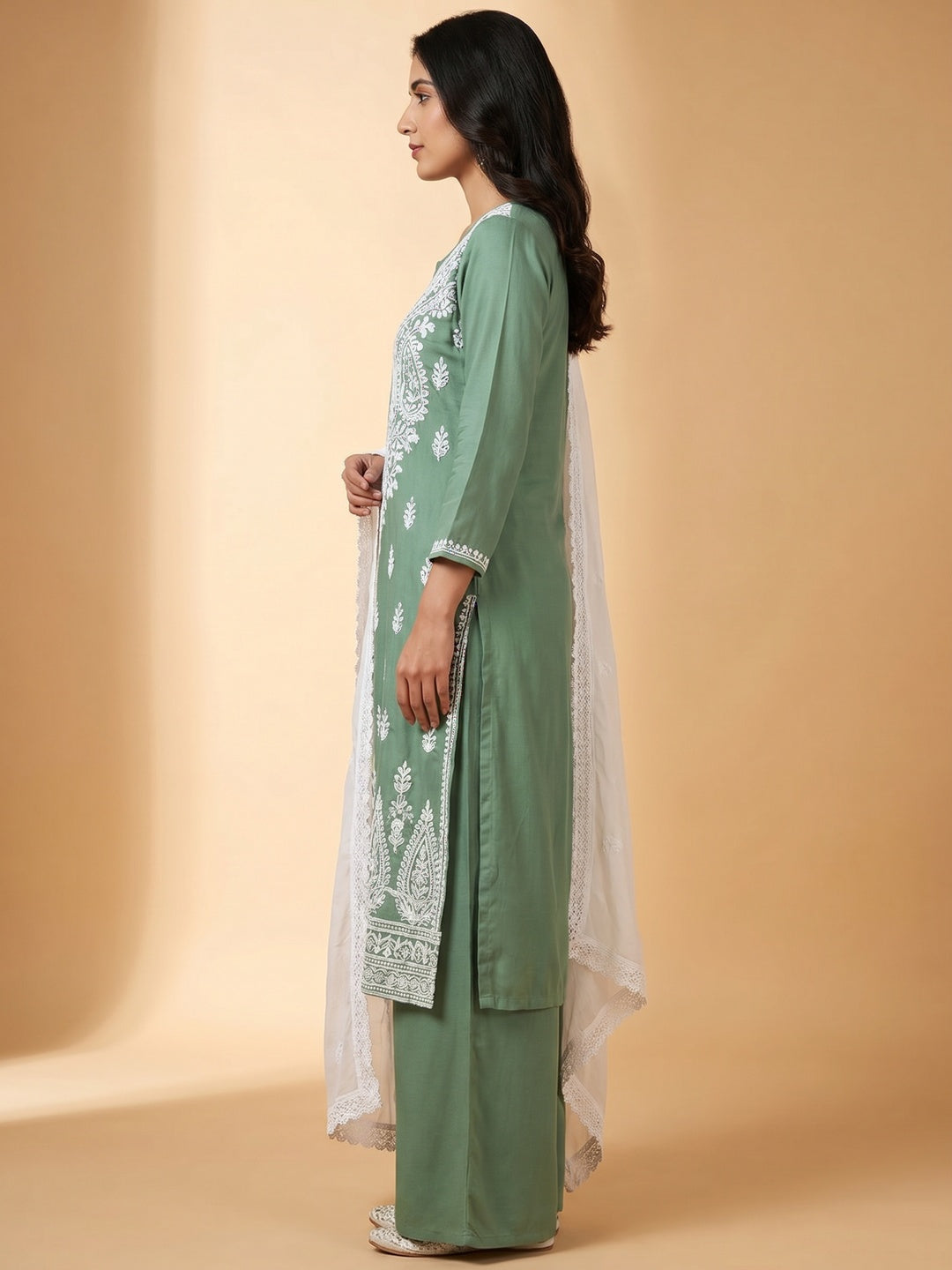 Green Lucknowi Embroidered Rayon Palazzo Suit - Image 3