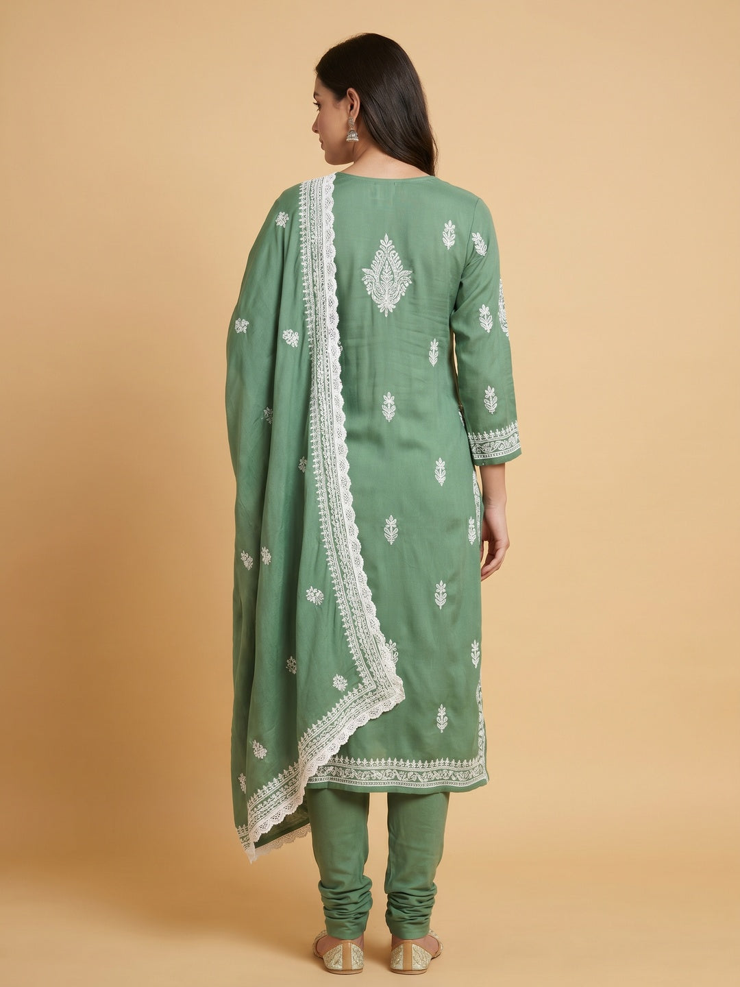 Green Lucknowi Embroidered Rayon Palazzo Suit - Image 2