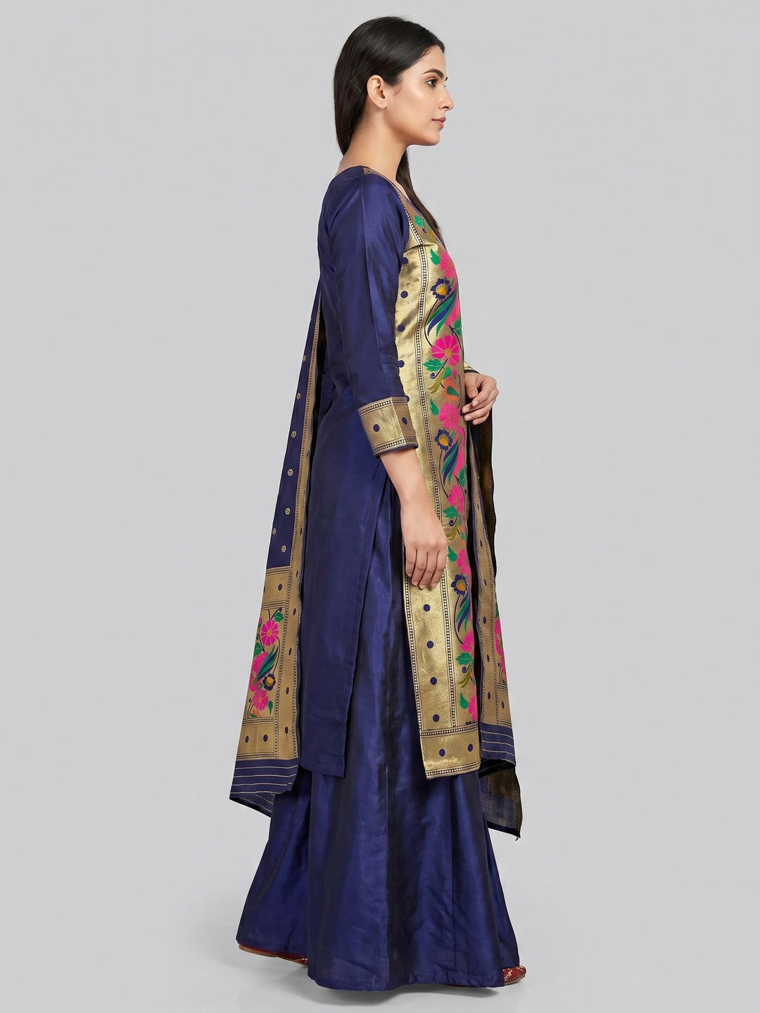 Navy Blue Woven Banarasi Silk Paithani Dress Material - Image 2