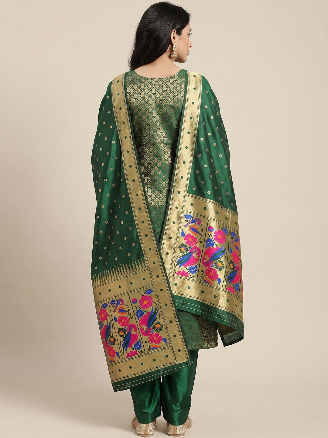 Green Woven Banarasi Silk Paithani Dress Material - Image 3