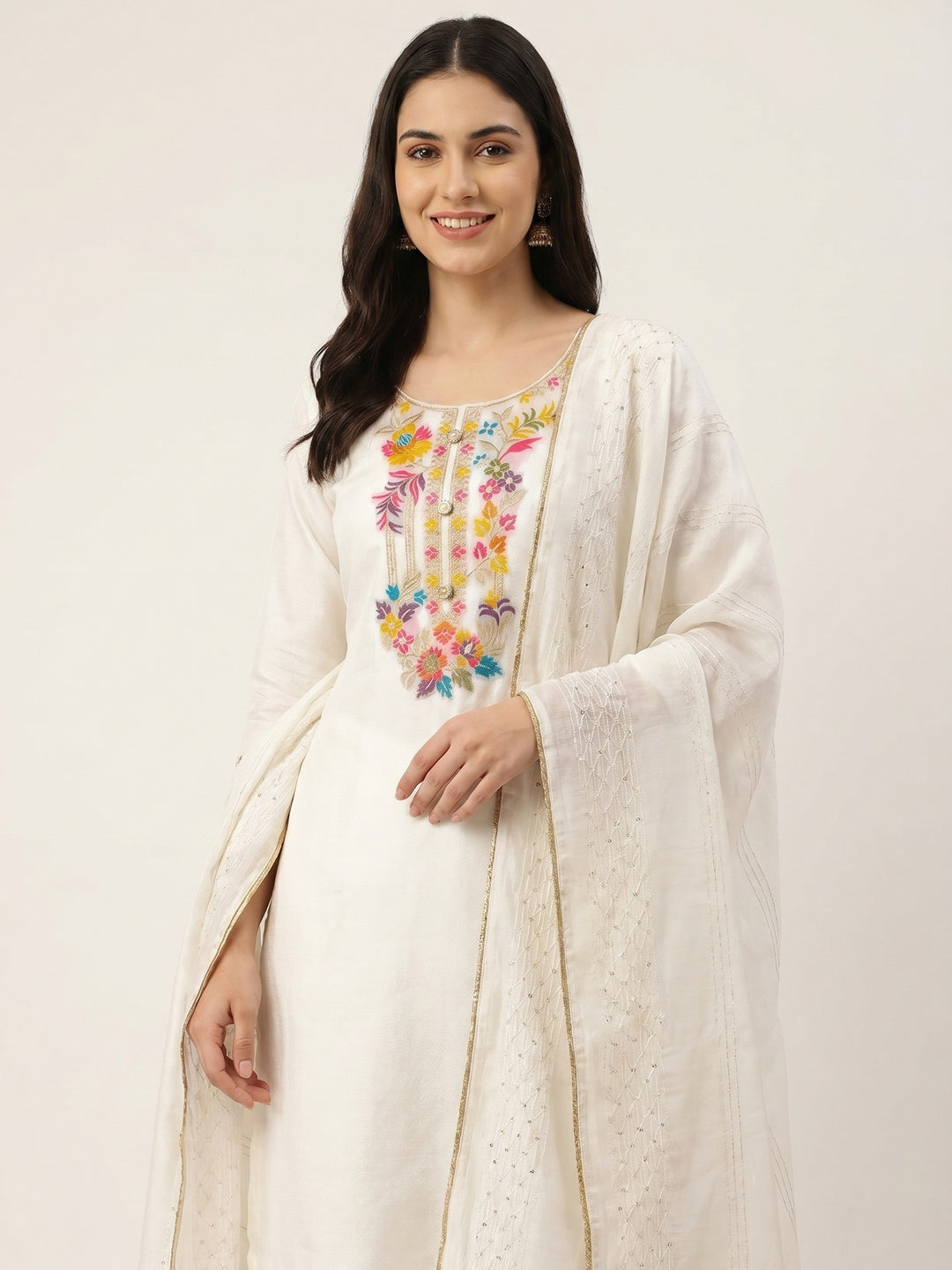White Floral Woven Dola Silk Dress Material - Image 1