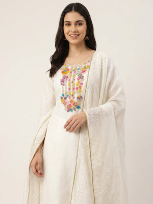 White Floral Woven Dola Silk Dress Material - Image 1