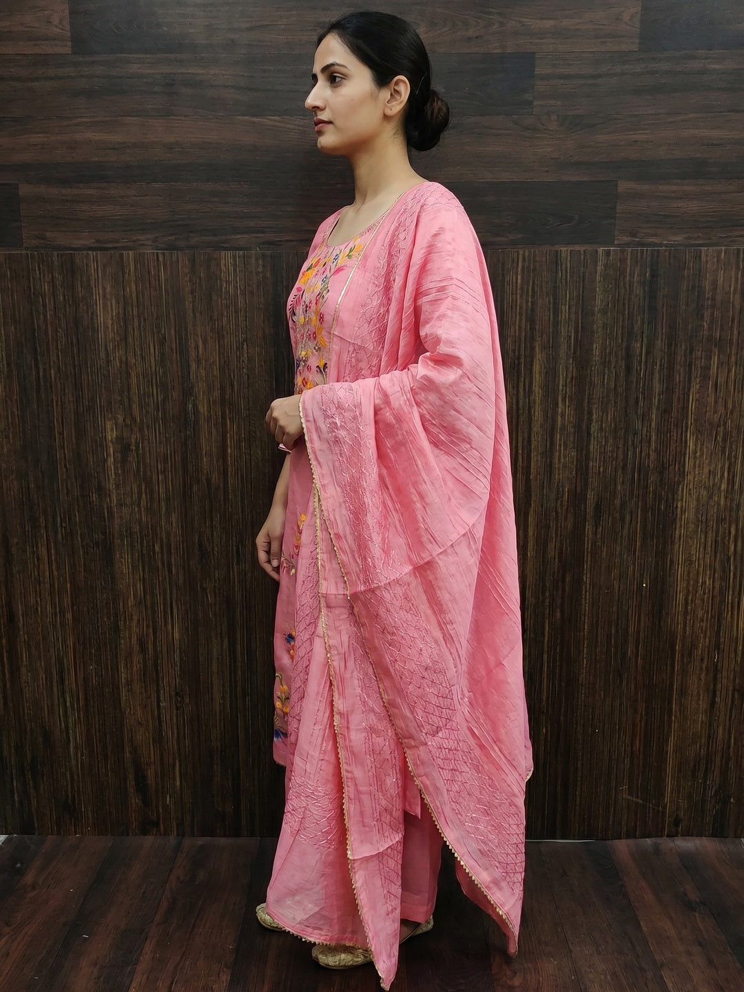 Pink Floral Woven Dola Silk Dress Material - Image 3