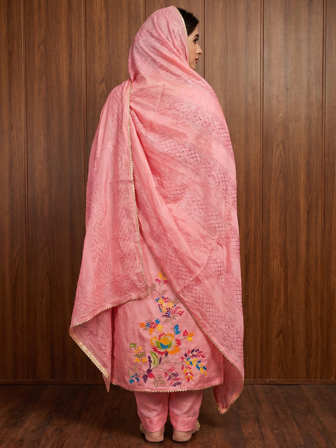 Pink Floral Woven Dola Silk Dress Material - Image 2