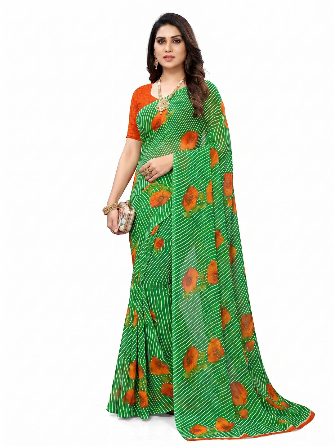 Green Floral Digital Printed Georgette Saree - Image 1