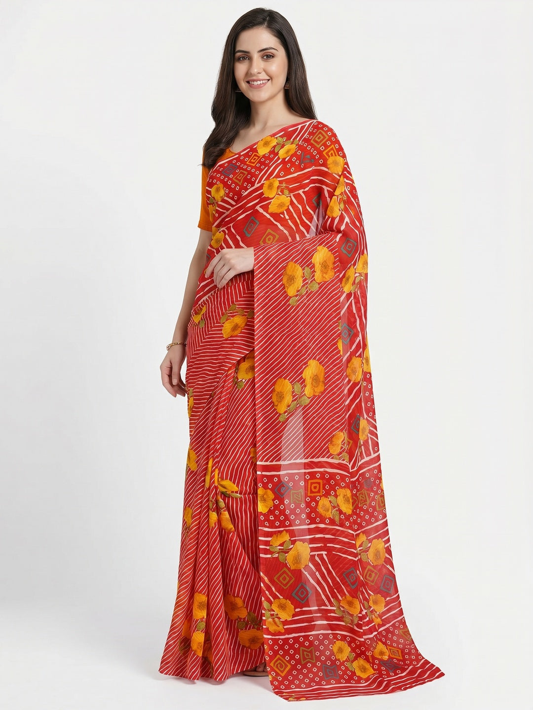 Red Floral Digital Printed Georgette Saree - Image 3