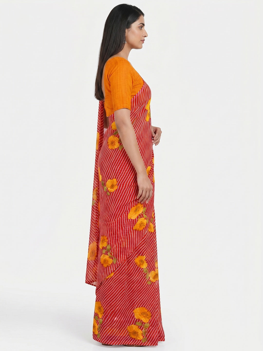 Red Floral Digital Printed Georgette Saree - Image 2