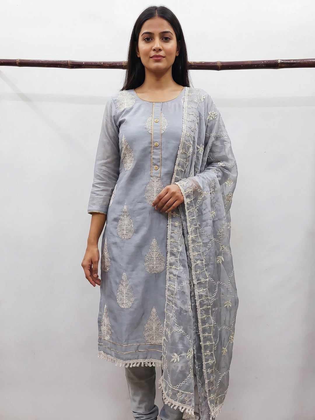Grey Embroidered Chanderi Dress Material - Image 1