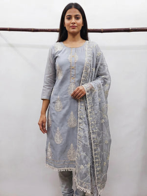 Grey Embroidered Chanderi Dress Material - Image 1