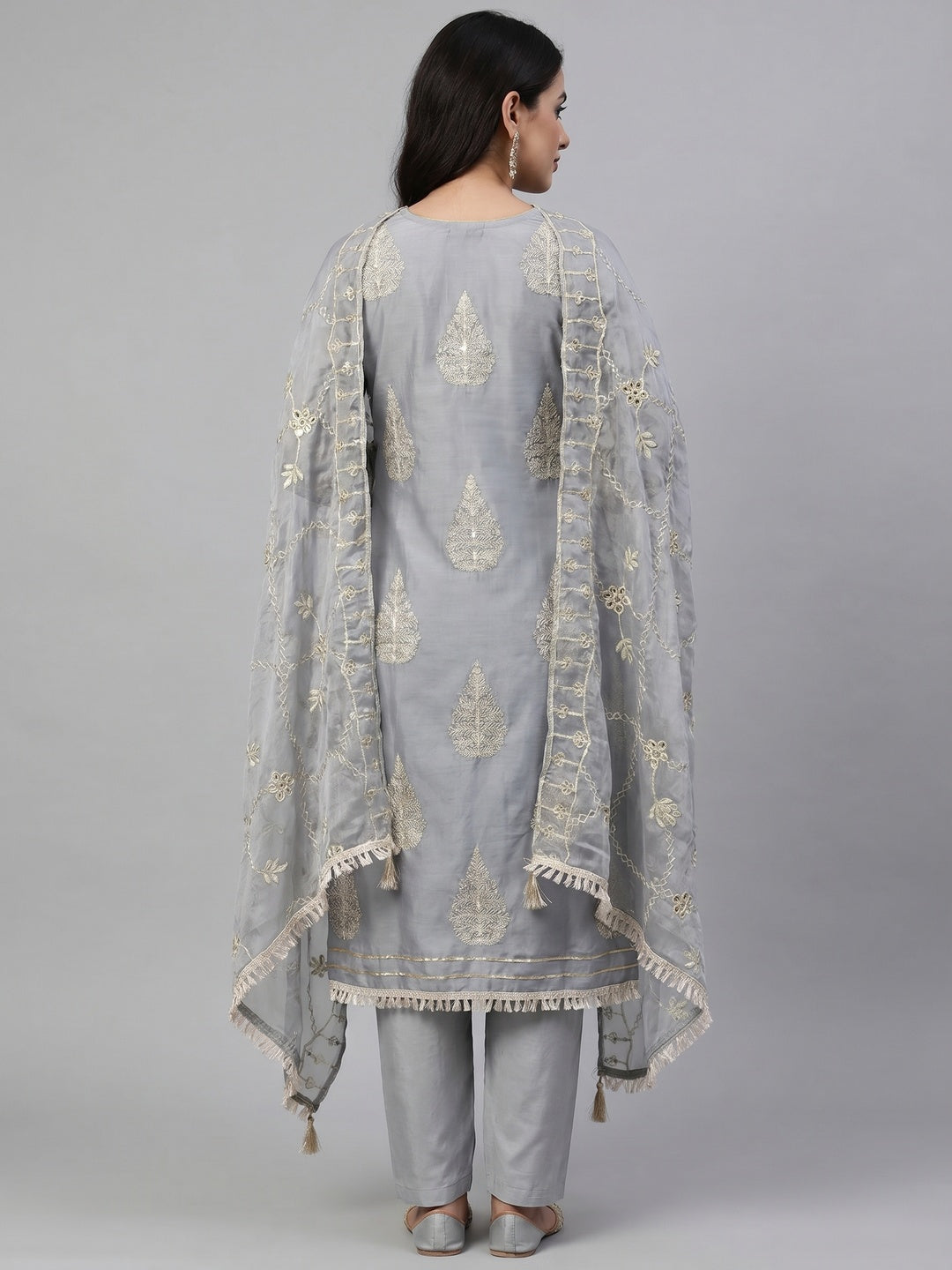 Grey Embroidered Chanderi Dress Material - Image 3