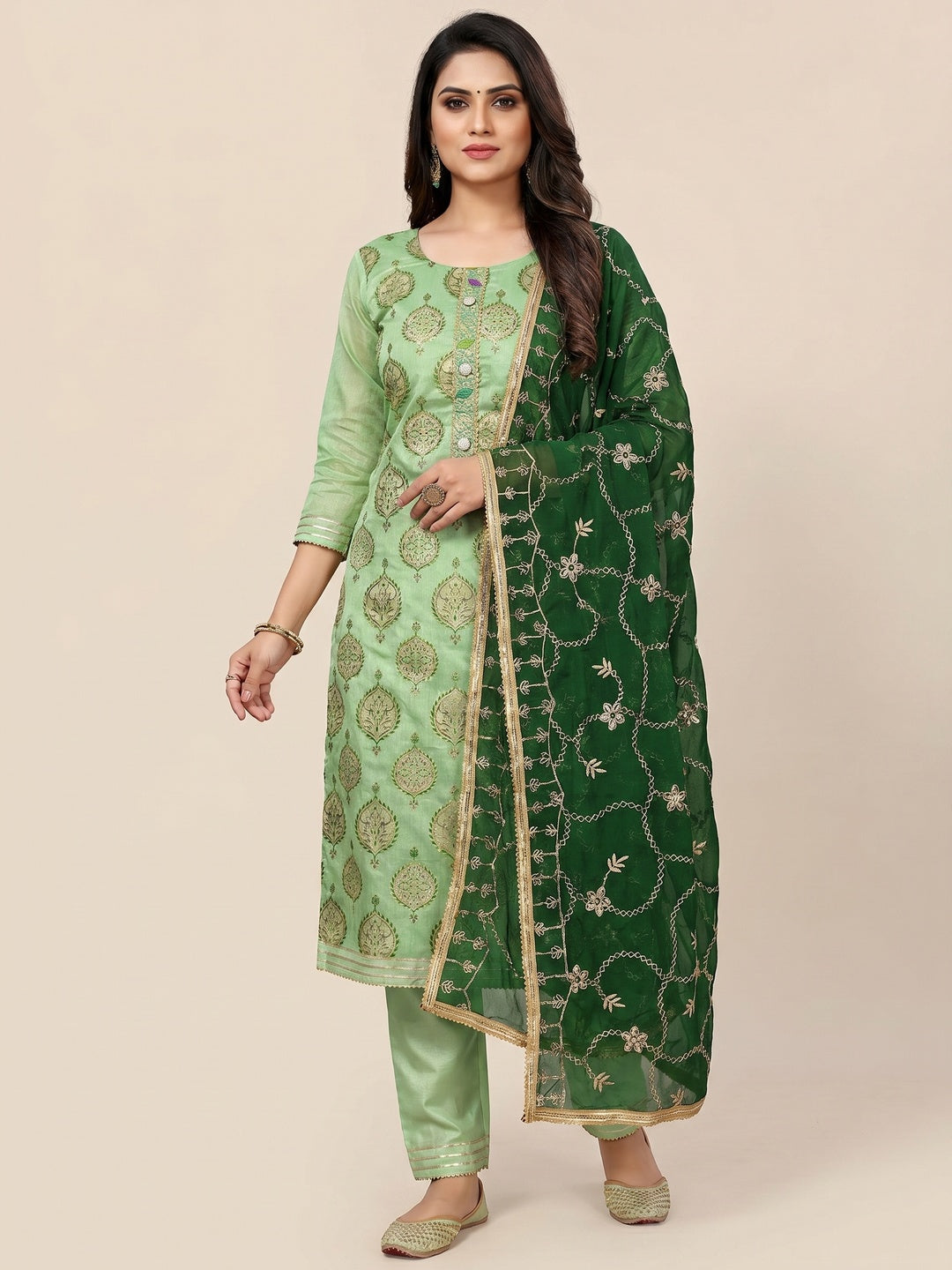 Green Embroidered Chanderi Dress Material - Image 1