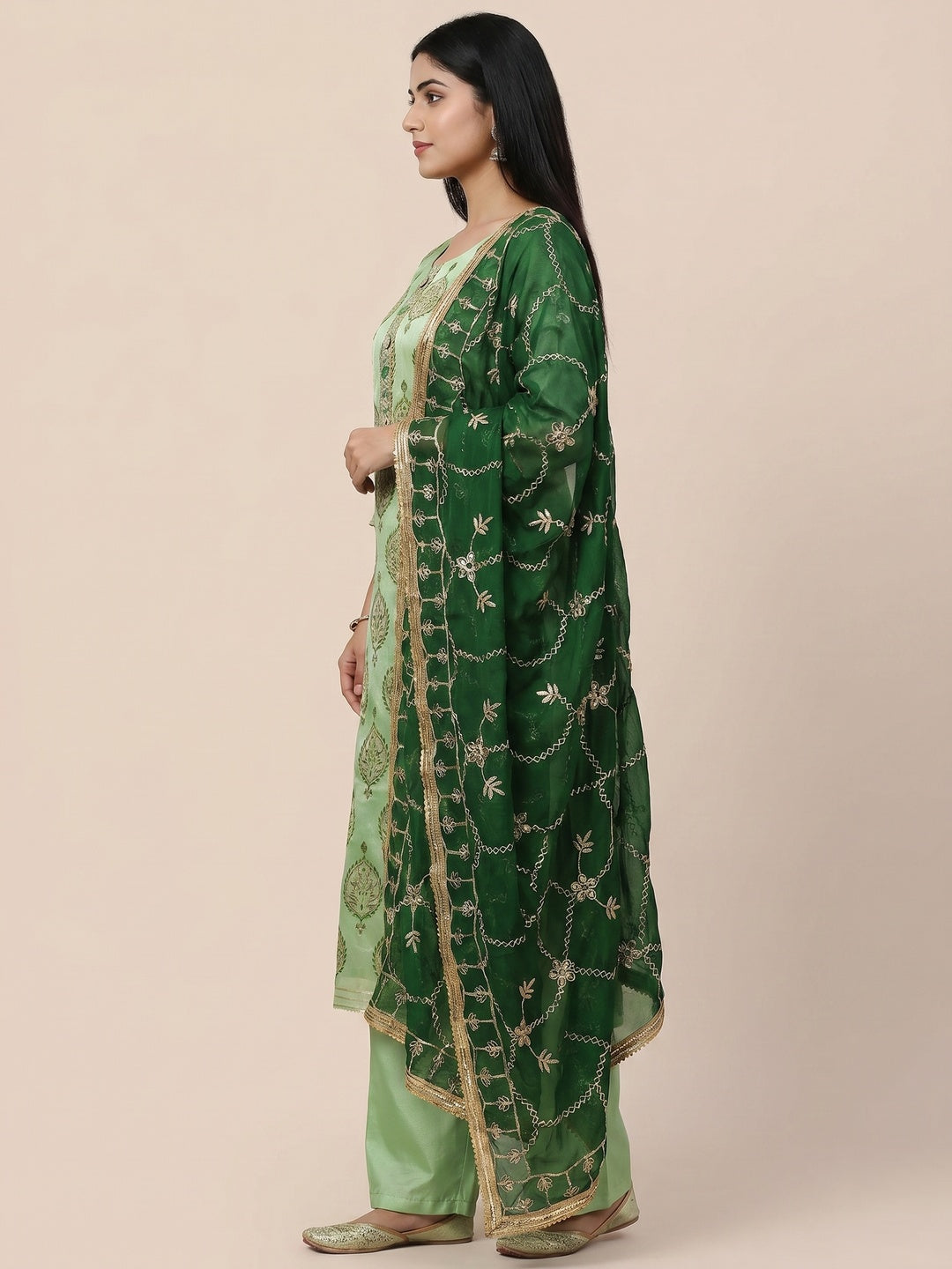 Green Embroidered Chanderi Dress Material - Image 2