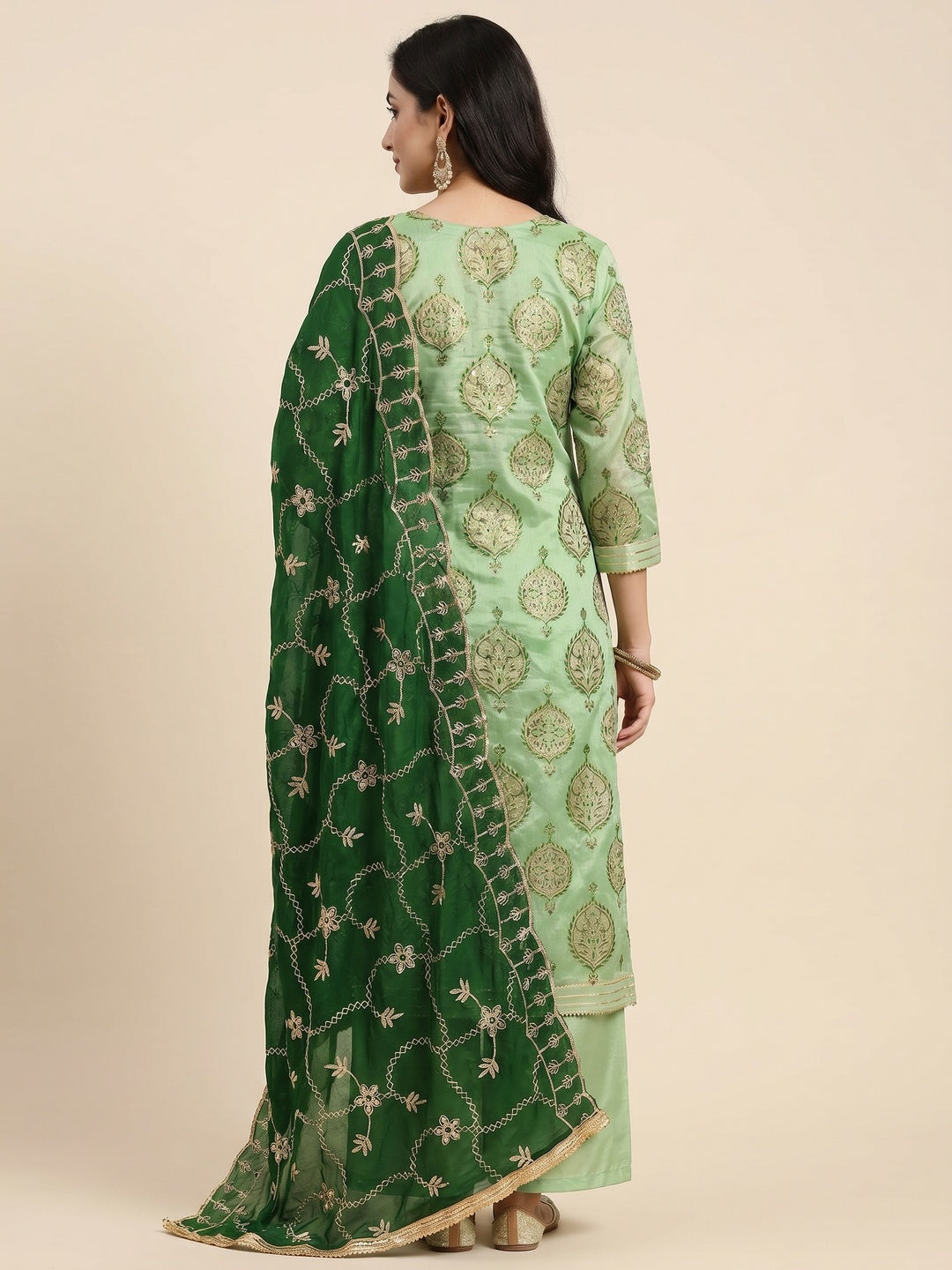 Green Embroidered Chanderi Dress Material - Image 3