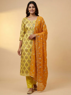 Yellow Embroidered Chanderi Dress Material - Image 1