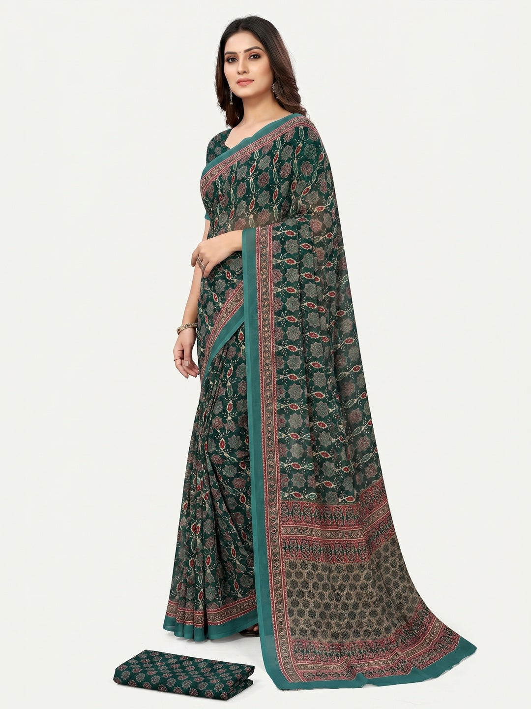 Rama Green Floral Digital Printed Georgette Saree - Image 1