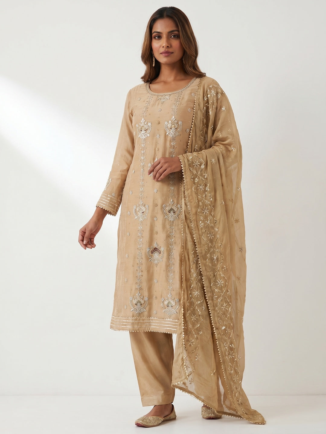 Chikoo Sequins Embroidered Modal Dress Material - Image 1