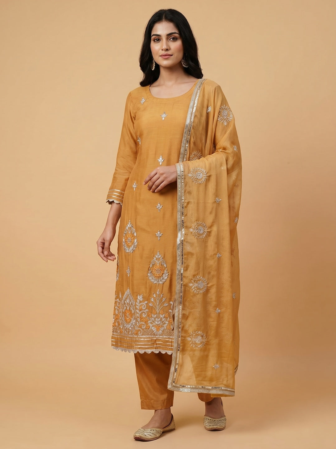 Mustard Floral Embroidered Modal Dress Material - Image 3