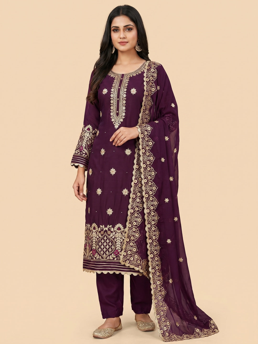 Wine Floral Embroidered Modal Dress Material - Image 3
