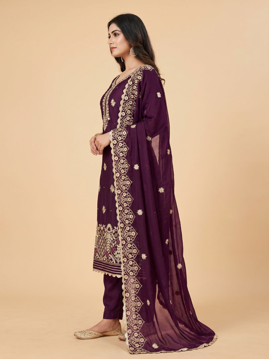 Wine Floral Embroidered Modal Dress Material - Image 2