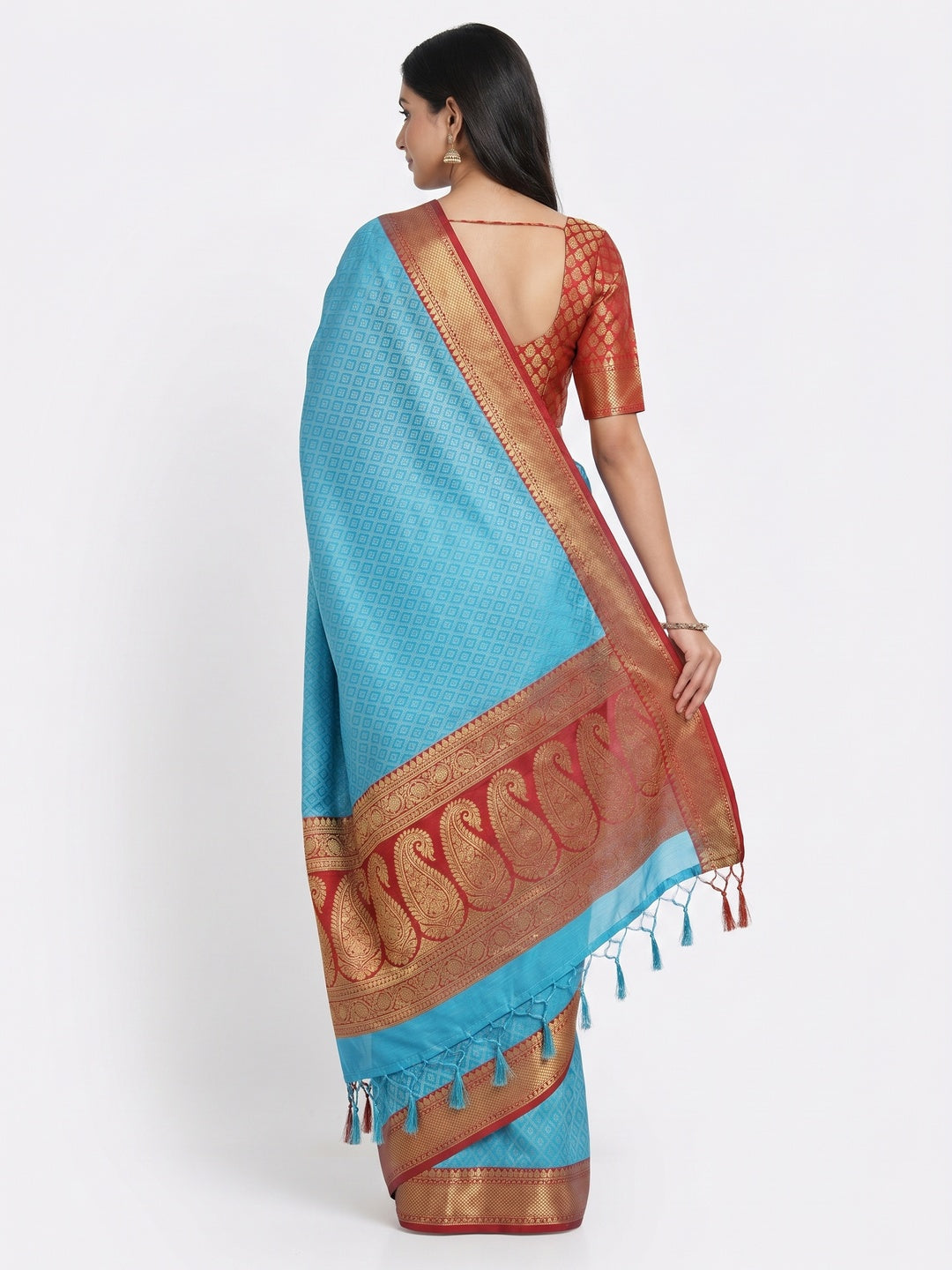 Sky Blue Woven Cotton Silk Saree With Tassels - Image 3
