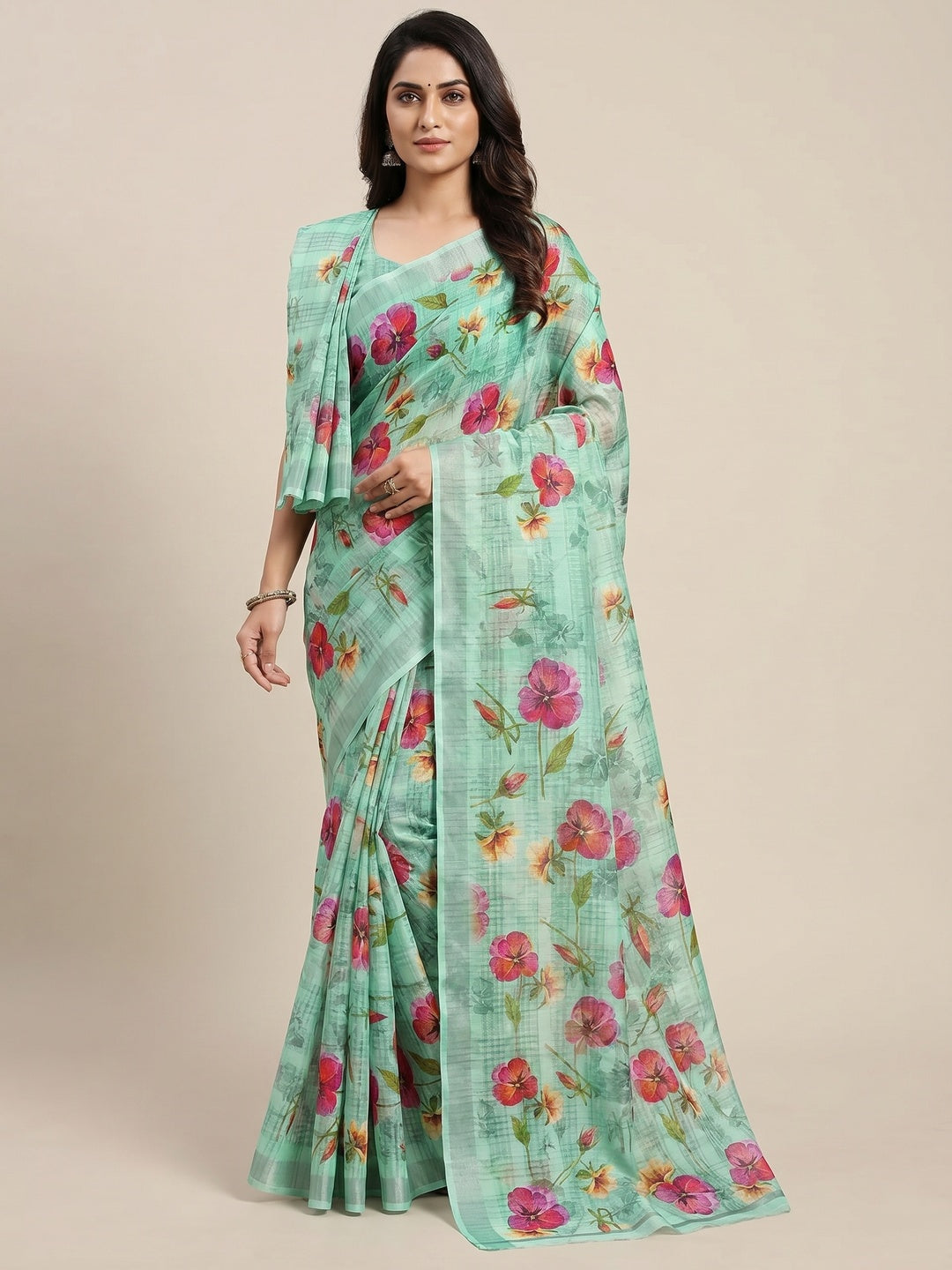 Turquoise Green Floral Digital Printed Cotton Silk Saree - Image 1