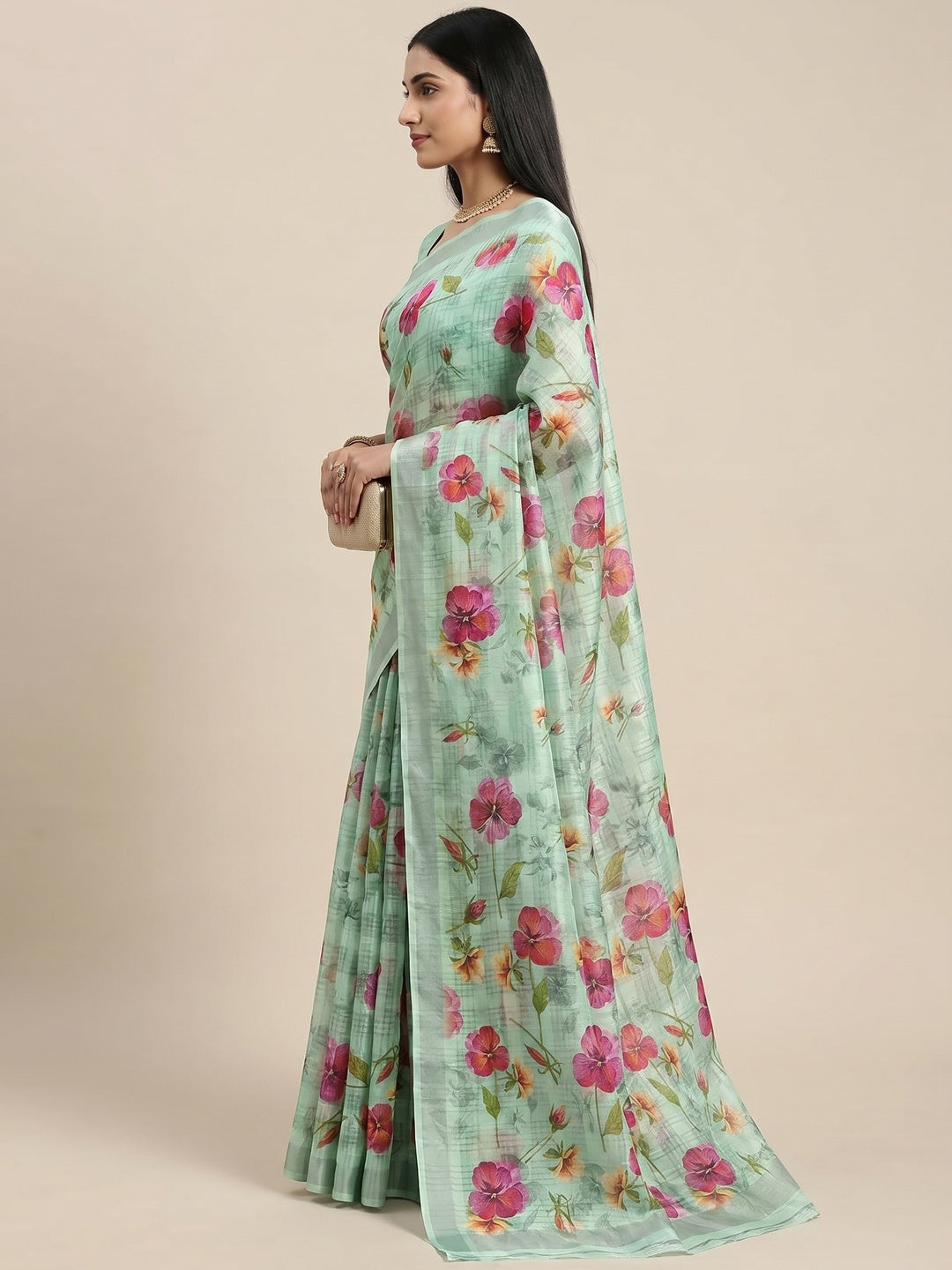 Turquoise Green Floral Digital Printed Cotton Silk Saree - Image 2