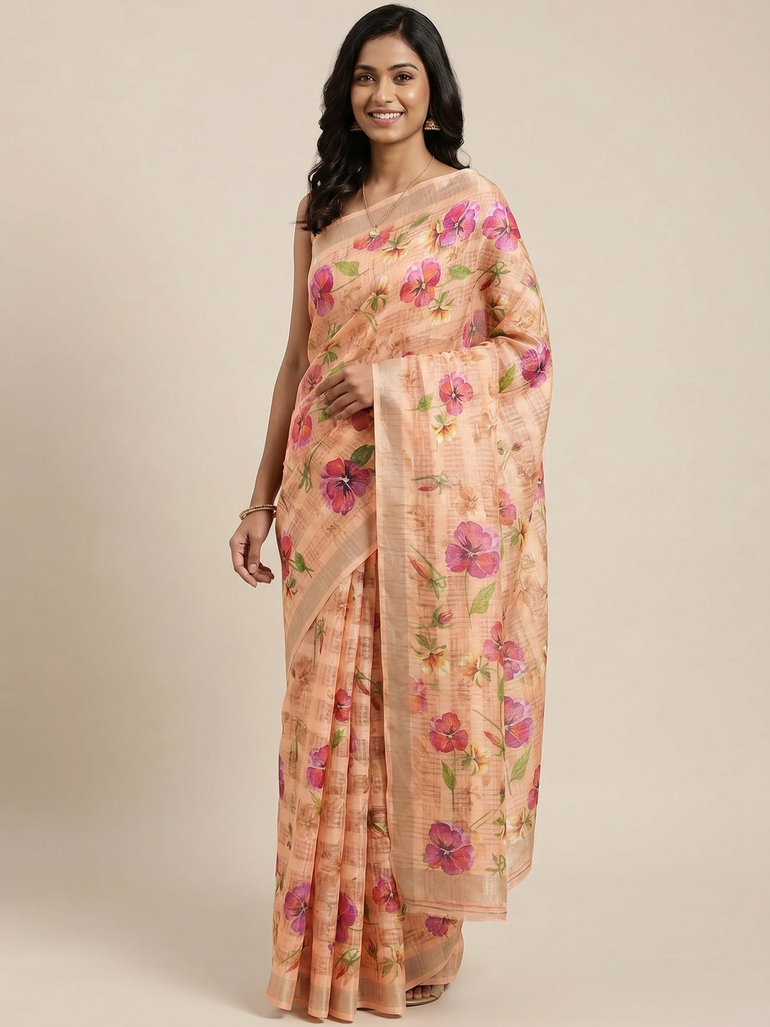 Light Peach Floral Digital Printed Cotton Silk Saree - Image 1