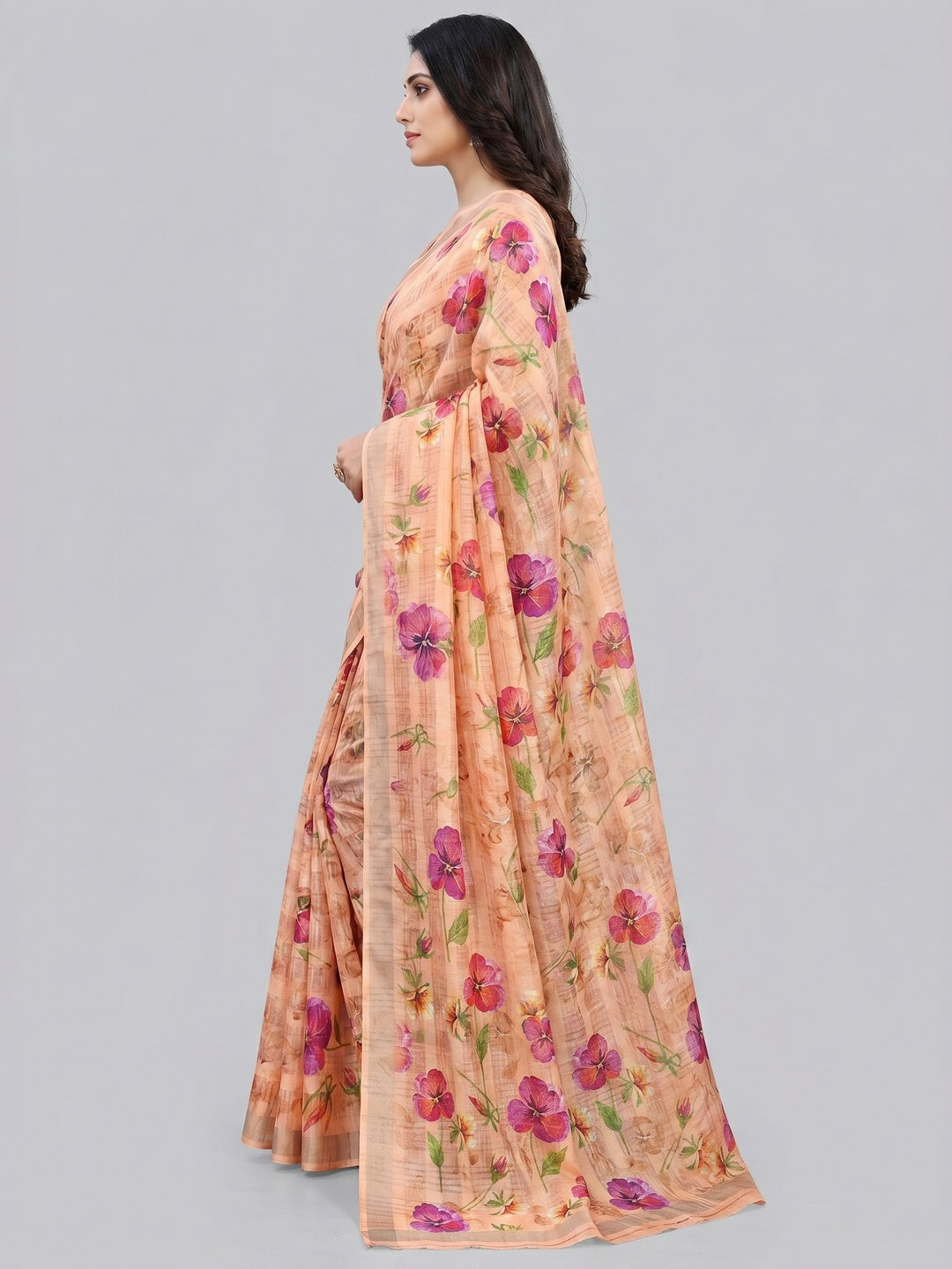 Light Peach Floral Digital Printed Cotton Silk Saree - Image 3