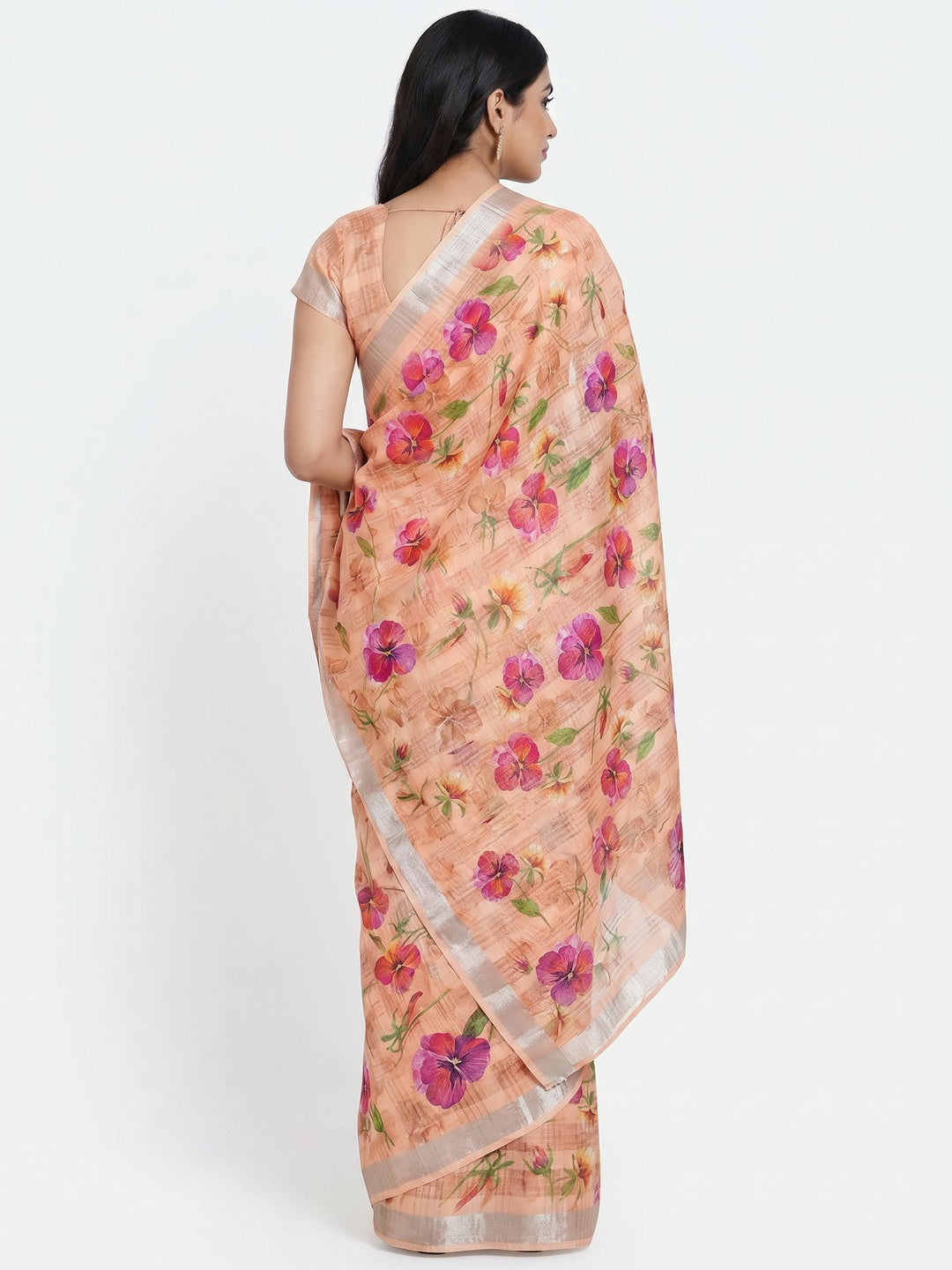 Light Peach Floral Digital Printed Cotton Silk Saree - Image 2