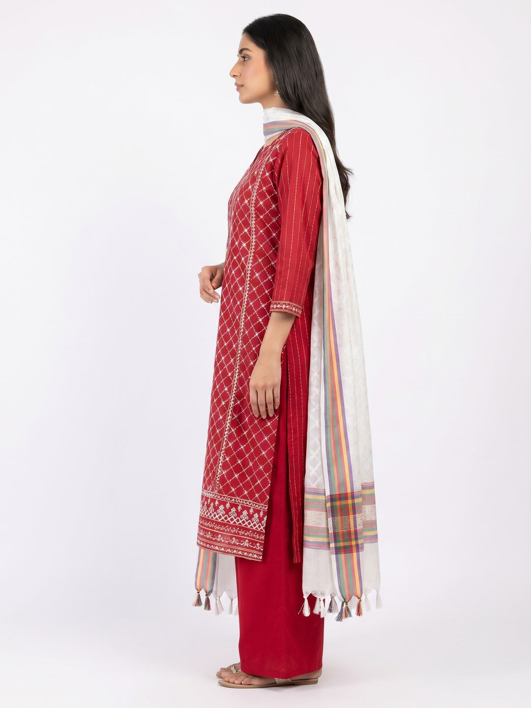 Red Embroidered Cotton Blend Dress Material - Image 3
