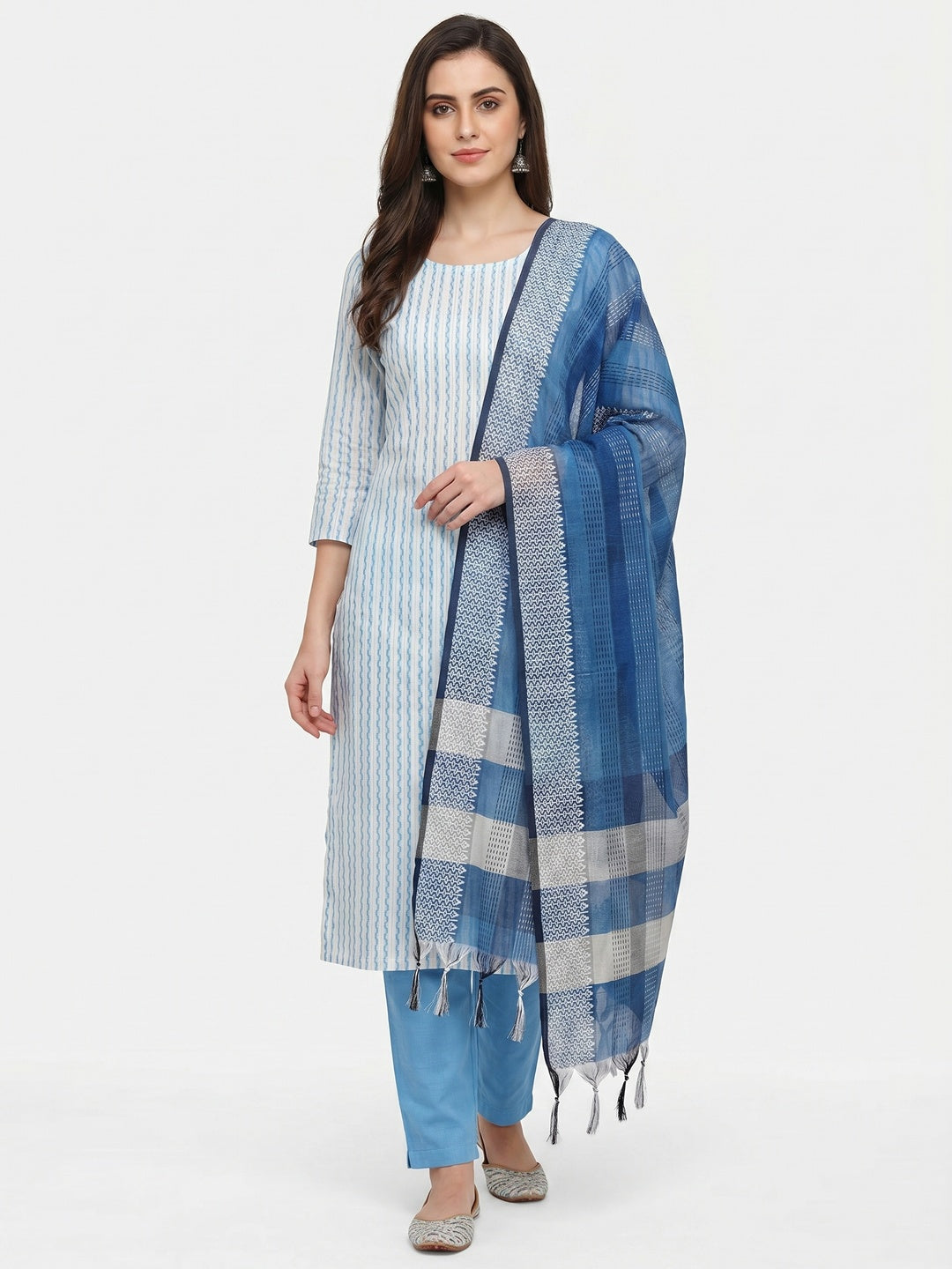 Firozi Striped Printed With Woven Cotton Blend Dress Material - Image 1