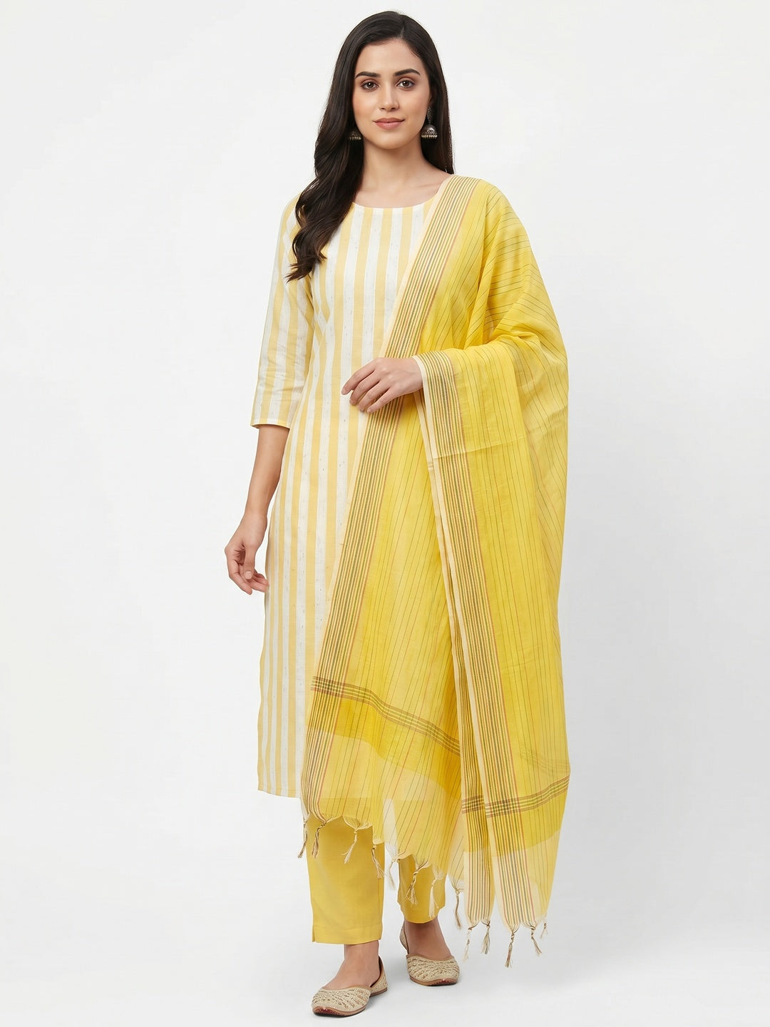 Yellow Striped Printed With Woven Cotton Blend Dress Material - Image 1