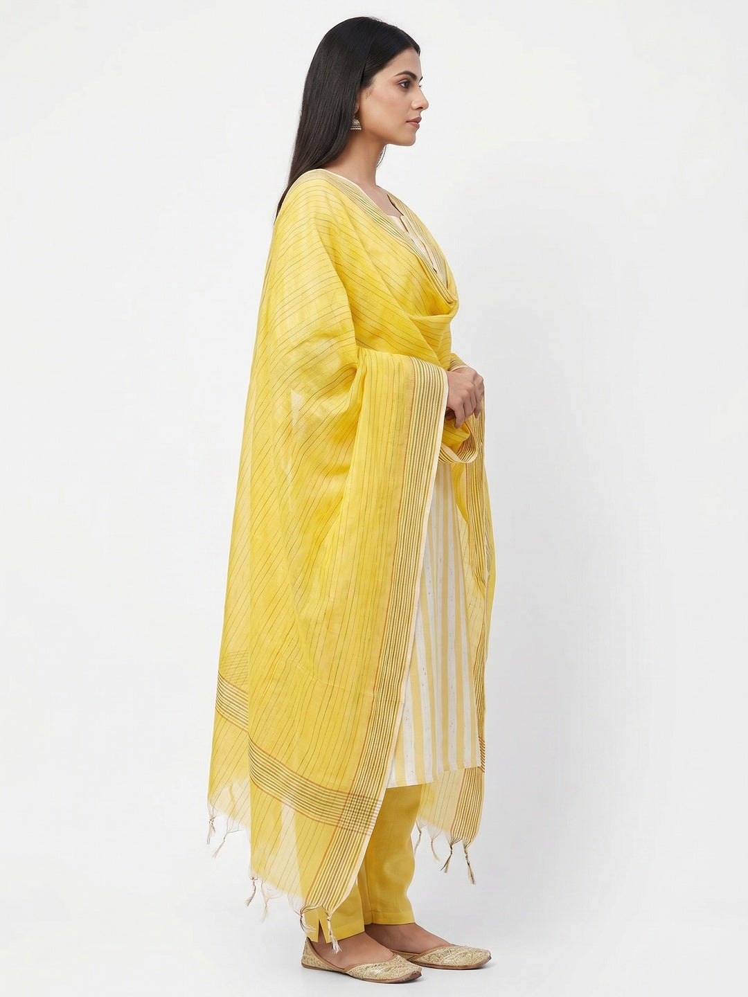 Yellow Striped Printed With Woven Cotton Blend Dress Material - Image 3