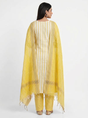 Yellow Striped Printed With Woven Cotton Blend Dress Material - Image 2