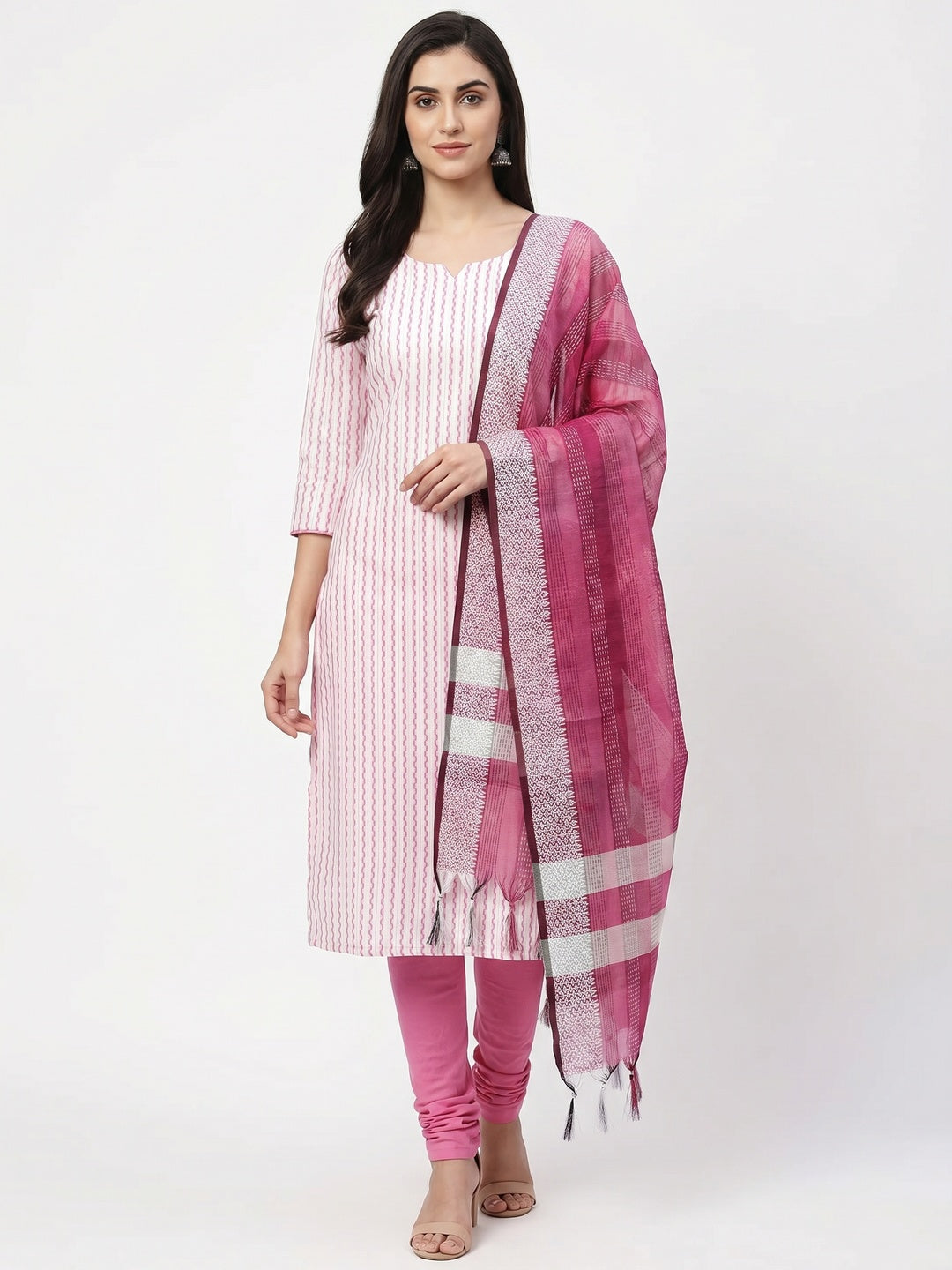 Pink Striped Printed With Woven Cotton Blend Dress Material - Image 1